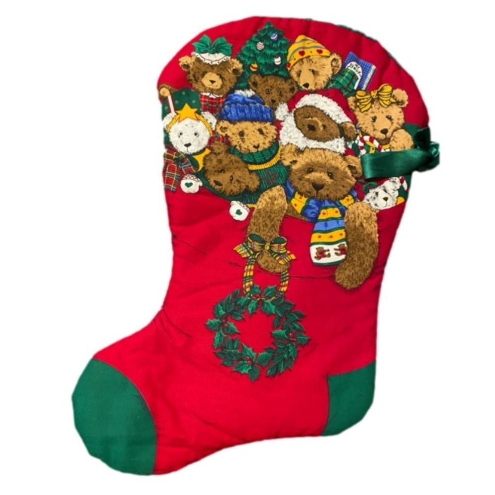 Vtg Teddy bear large 16 inch Quilted Christmas stocking with hanger made England